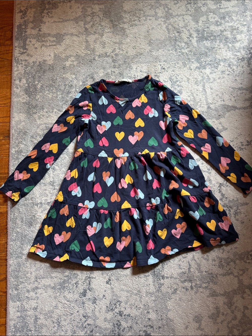 H&M Navy Long-Sleeve Tiered Dress with Multicolor Hearts